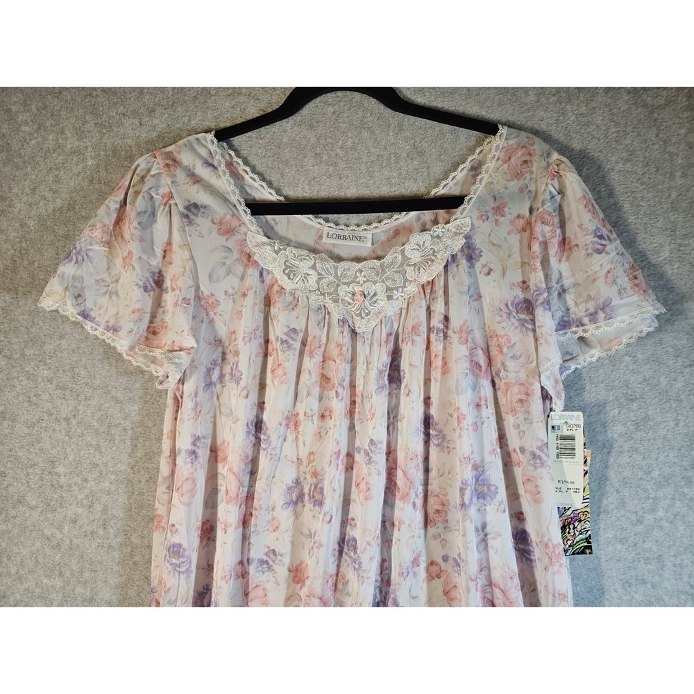 NWT Vintage LORRAINE Pink Lavendar Floral Nylon Lace Trim NIGHTGOWN Size Medium - Picture 2 of 6